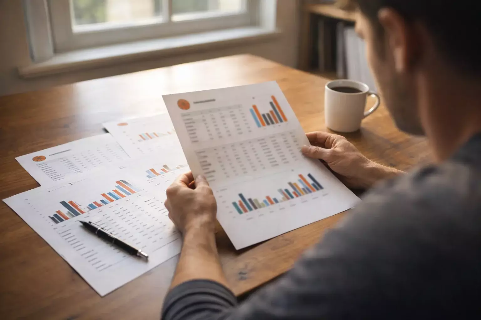 Persona analizando documentos con estadísticas de baloncesto en un escritorio con luz natural