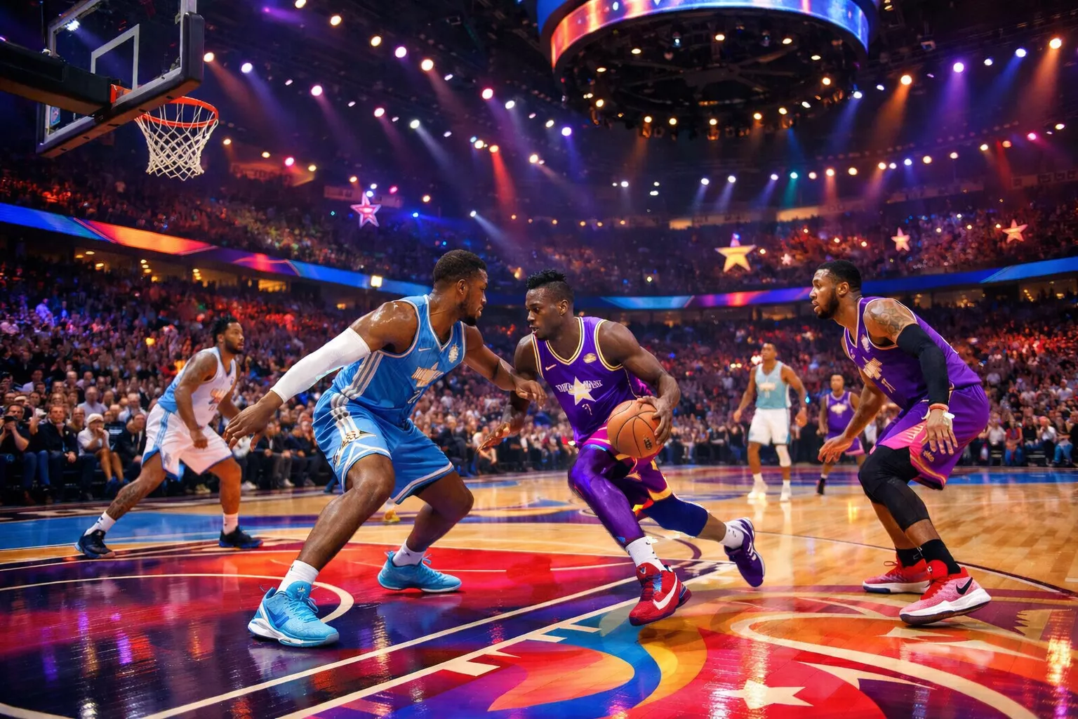 Jugadores de baloncesto de élite calentando en una cancha especial decorada para un evento All-Star