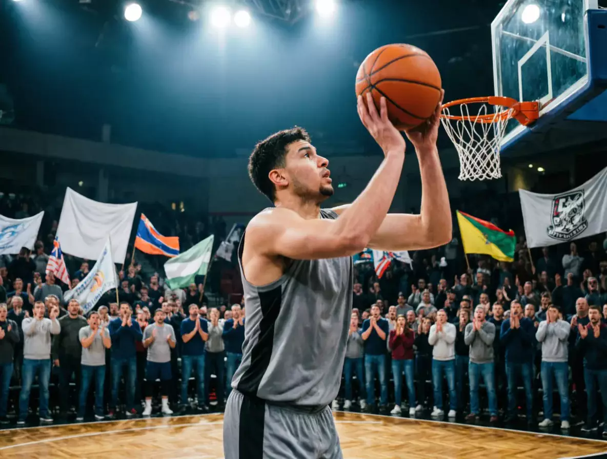 Partido de baloncesto en un pabellón latinoamericano con público apasionado y ambiente vibrante