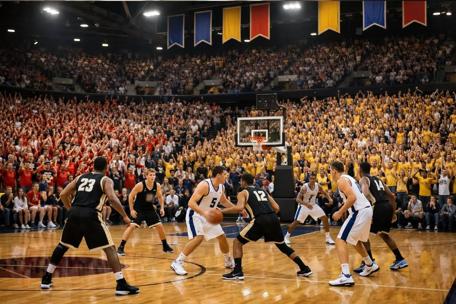 Partido de baloncesto universitario NCAA en un pabellón lleno con estudiantes animando desde las gradas