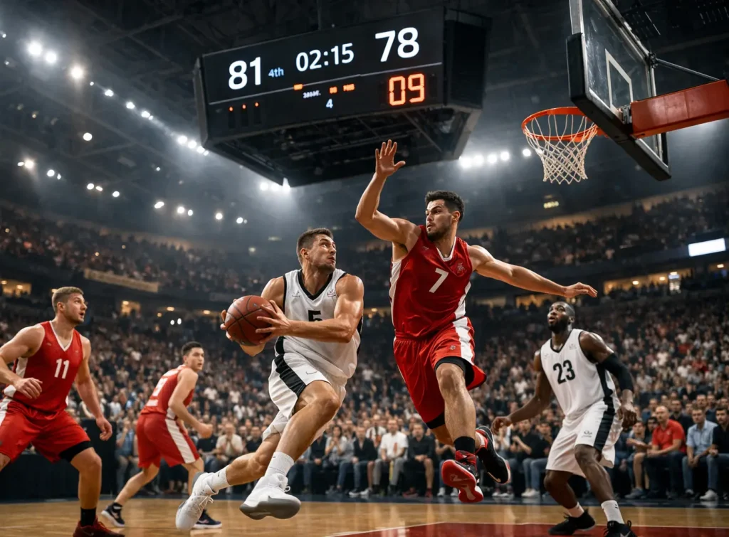 Partido de baloncesto en directo con marcador electrónico visible