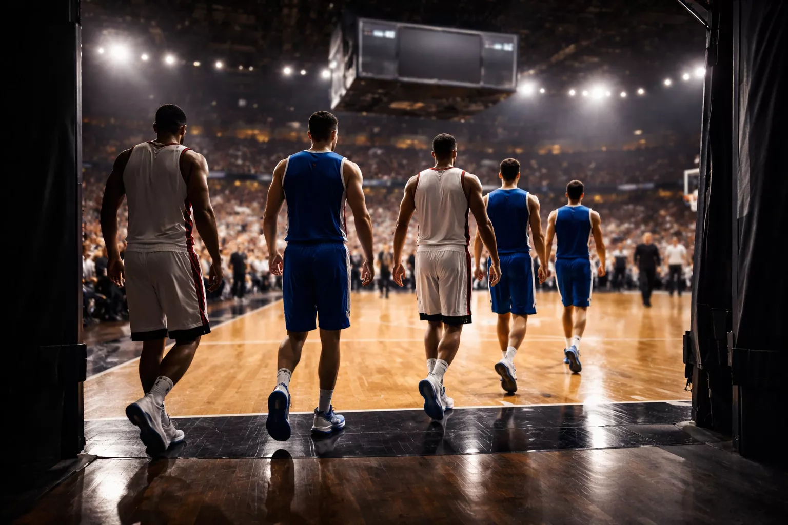 Vista lateral de una cancha de baloncesto durante el descanso con jugadores volviendo al parqué
