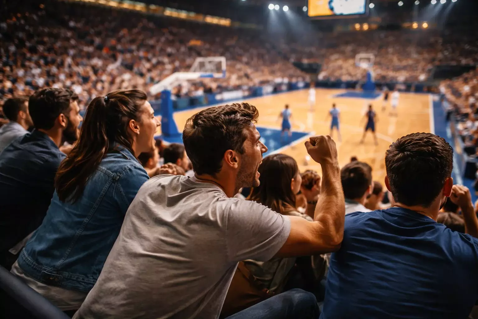 Aficionados viendo un partido de baloncesto en directo desde las gradas de un pabellón iluminado