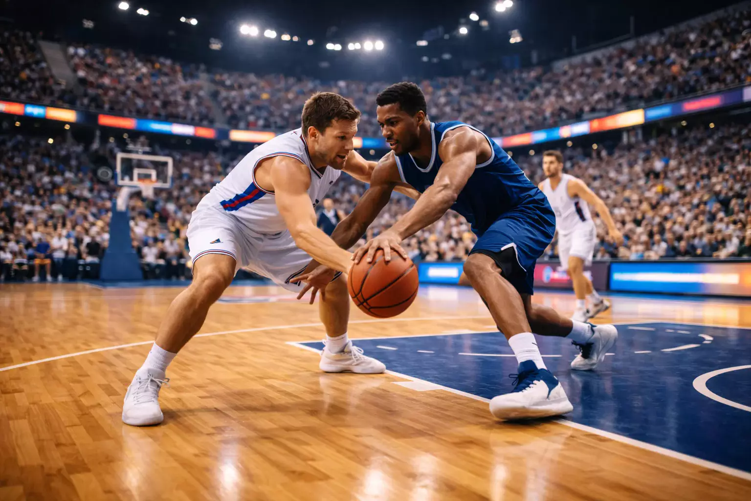 Partido de Euroliga de baloncesto con jugadores disputando el balón en un pabellón europeo lleno