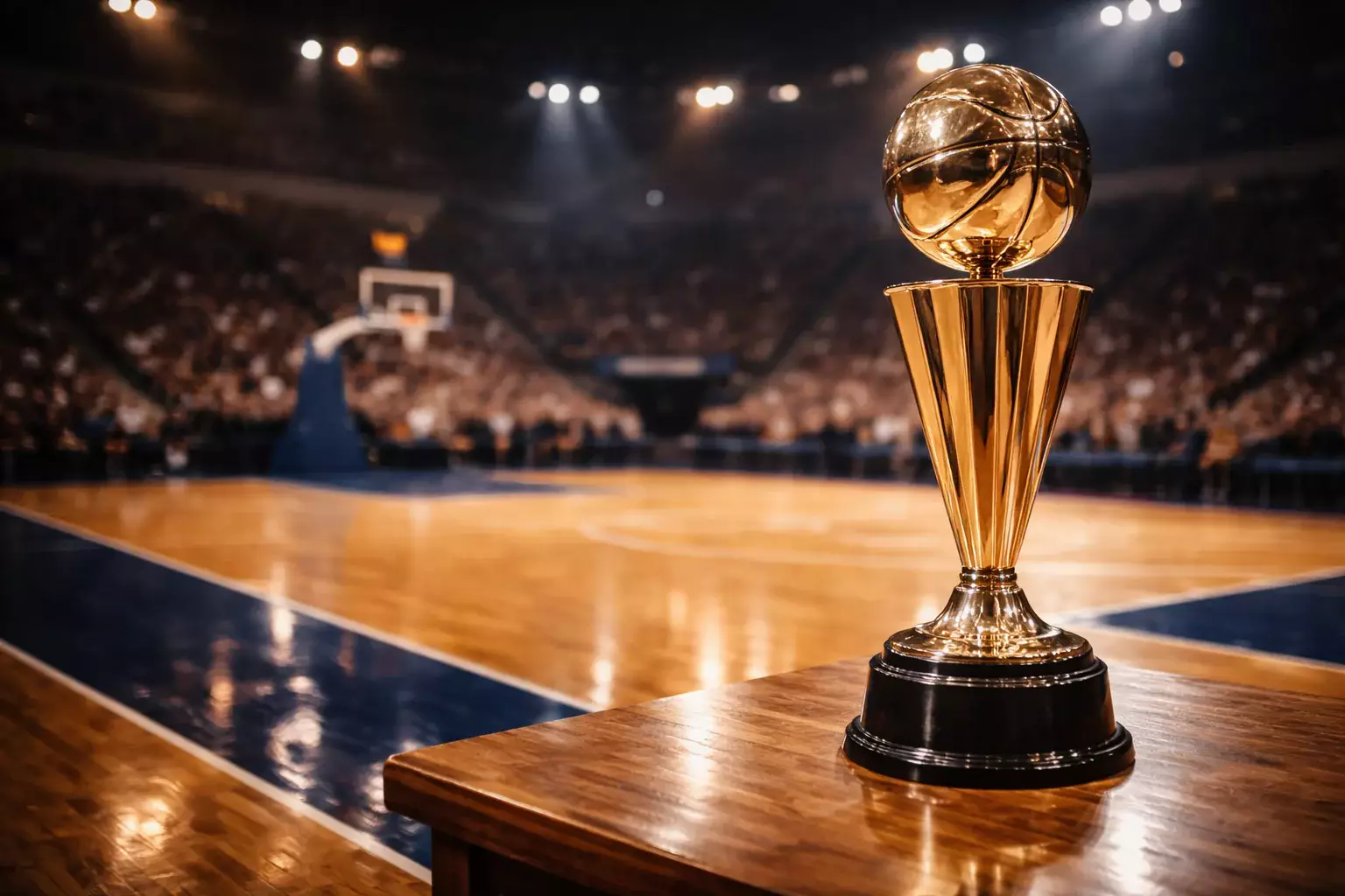 Trofeo de campeonato de baloncesto iluminado sobre una mesa con el parqué de una cancha al fondo