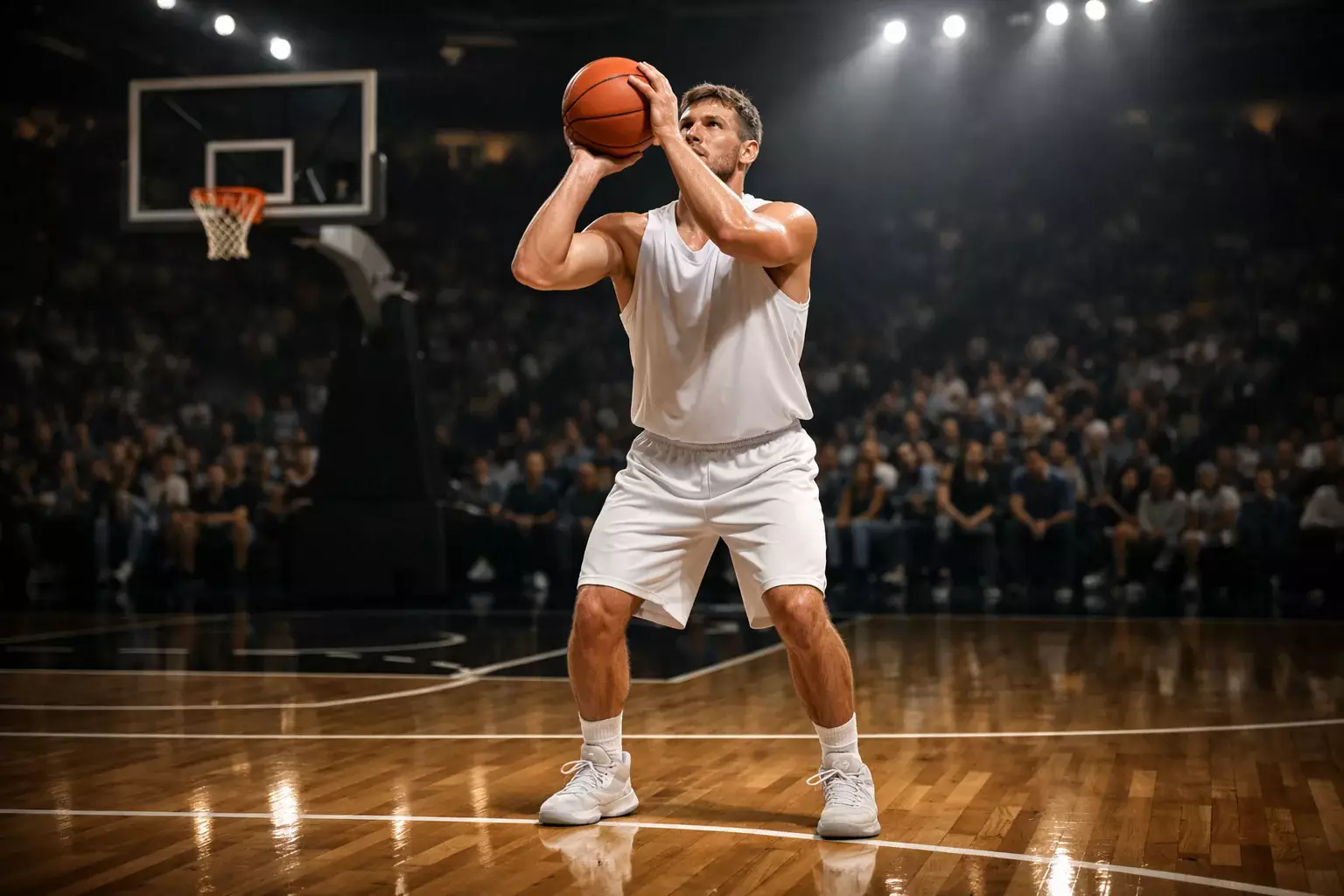 Jugador de baloncesto concentrado antes de un tiro libre en una cancha profesional iluminada