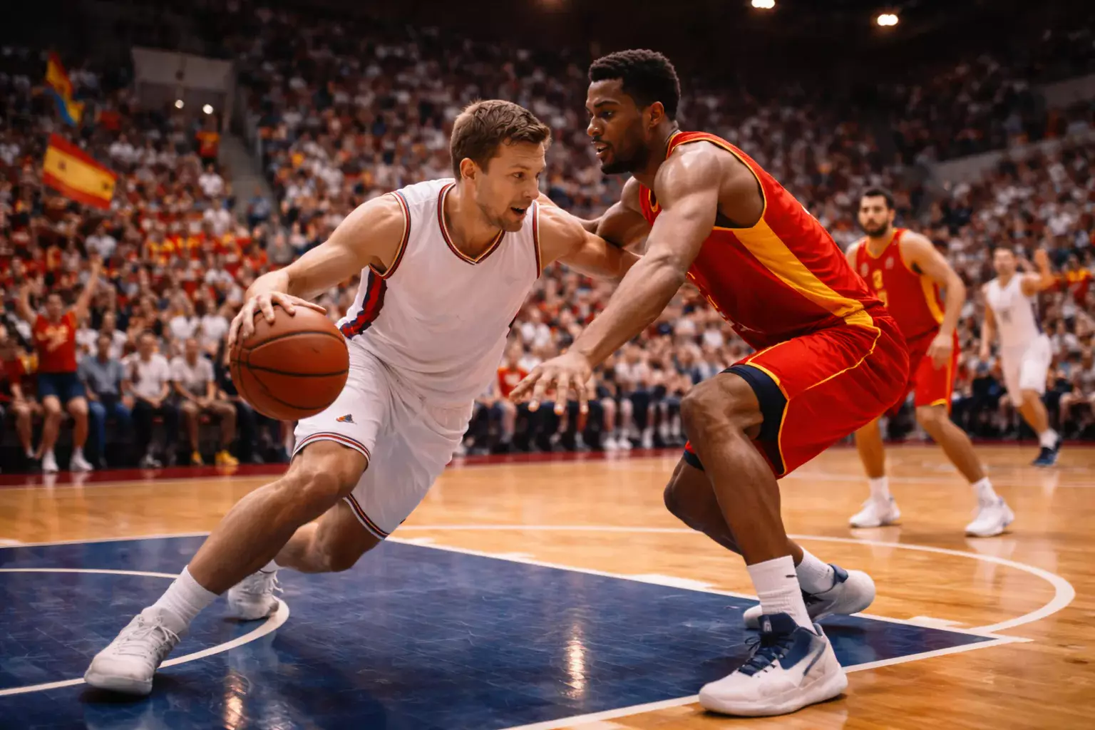 Jugadores de baloncesto de la Liga ACB en acción durante un partido en un pabellón español