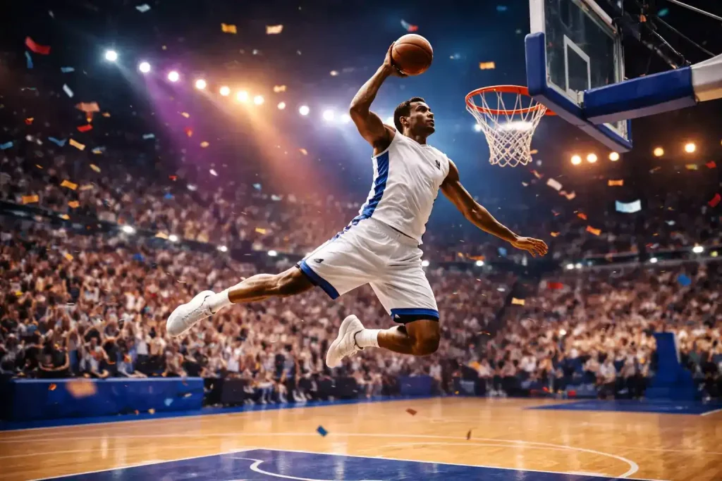 Jugador de baloncesto lanzando a canasta durante un partido con el público de fondo