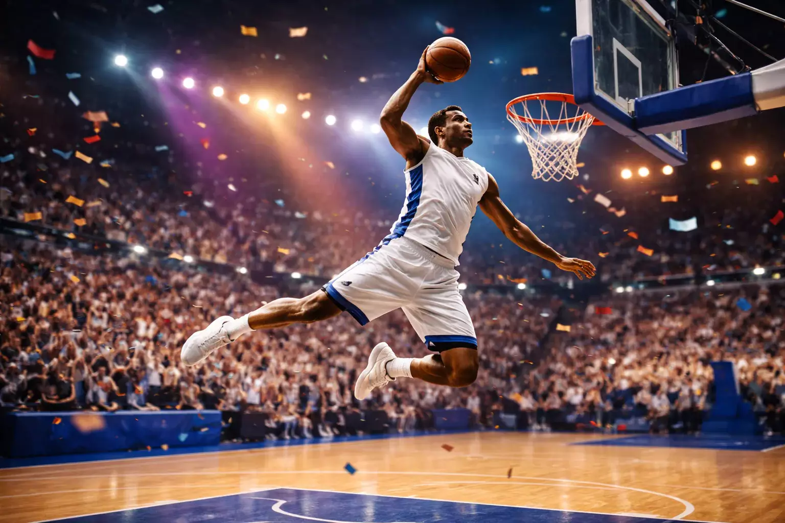 Jugador de baloncesto lanzando a canasta durante un partido con el público de fondo