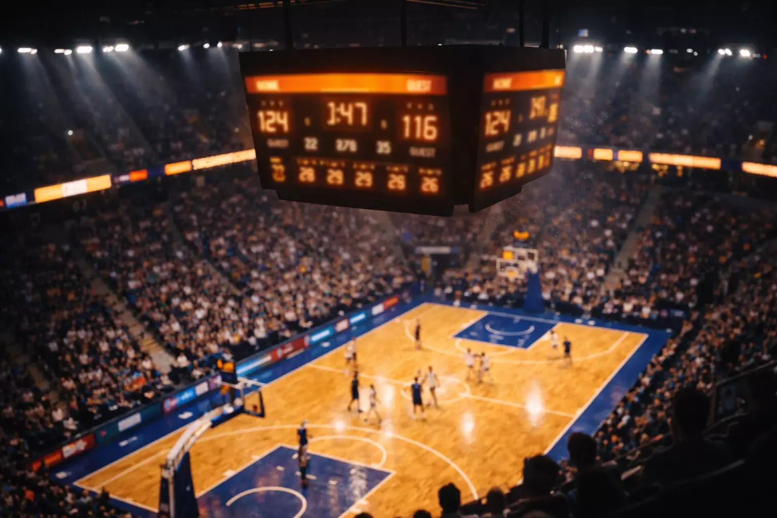 Marcador electrónico de un pabellón de baloncesto mostrando una puntuación alta durante un partido