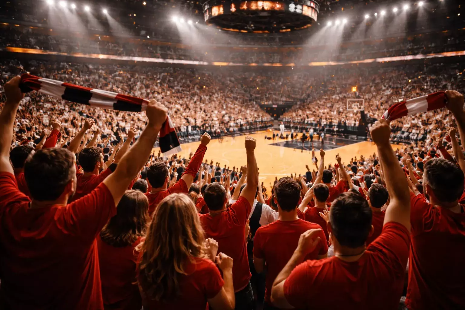 Pabellón de baloncesto NBA lleno durante un partido de playoffs con ambiente eléctrico e iluminación intensa