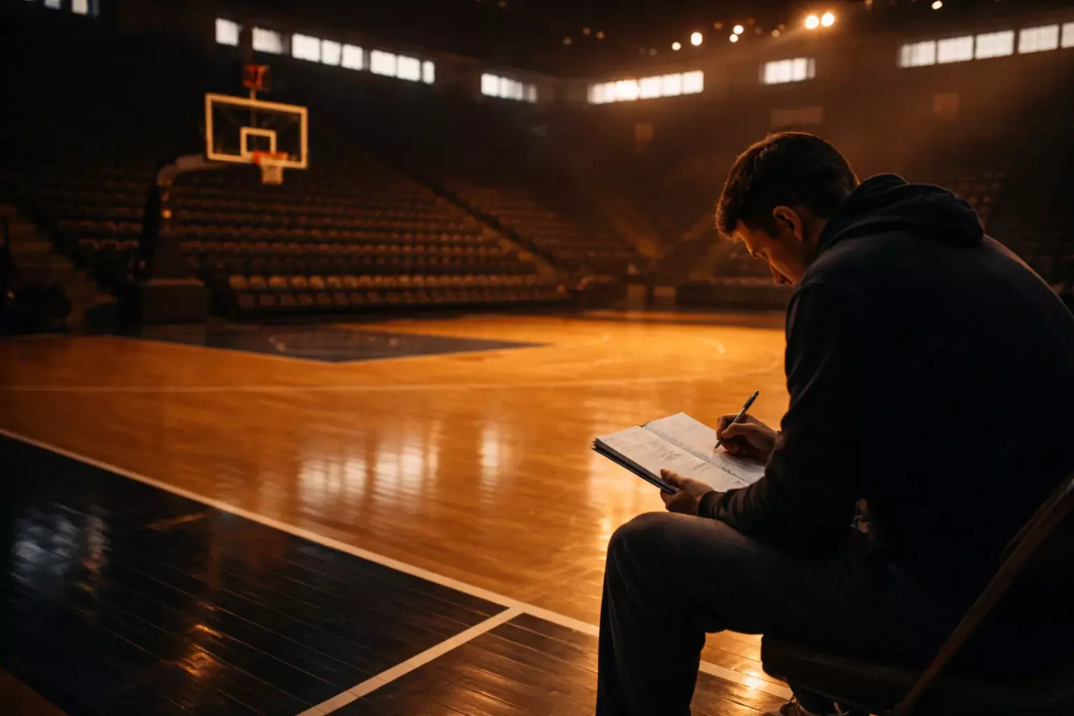 Persona estudiando datos de partidos de baloncesto en un cuaderno junto a una cancha vacía al atardecer