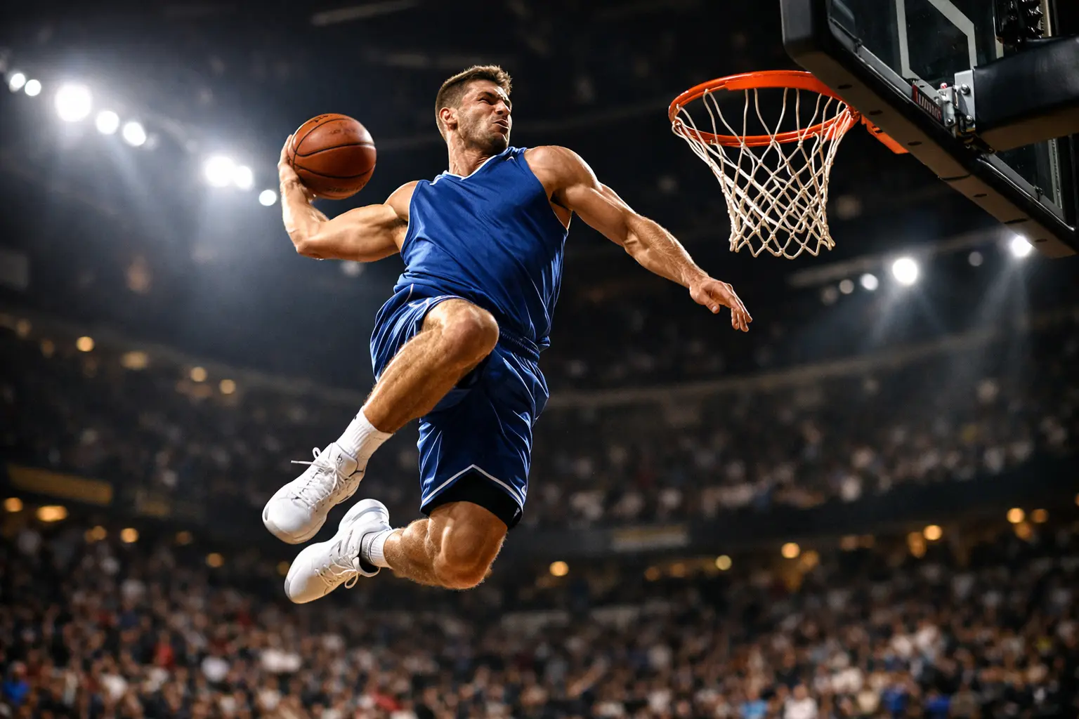 Jugador de baloncesto realizando un mate en un partido profesional de NBA con iluminación dramática