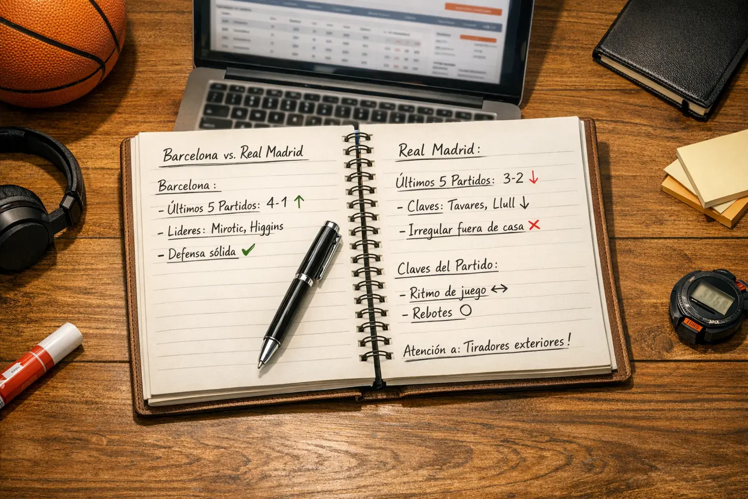 Analista deportivo revisando estadísticas de baloncesto en un cuaderno