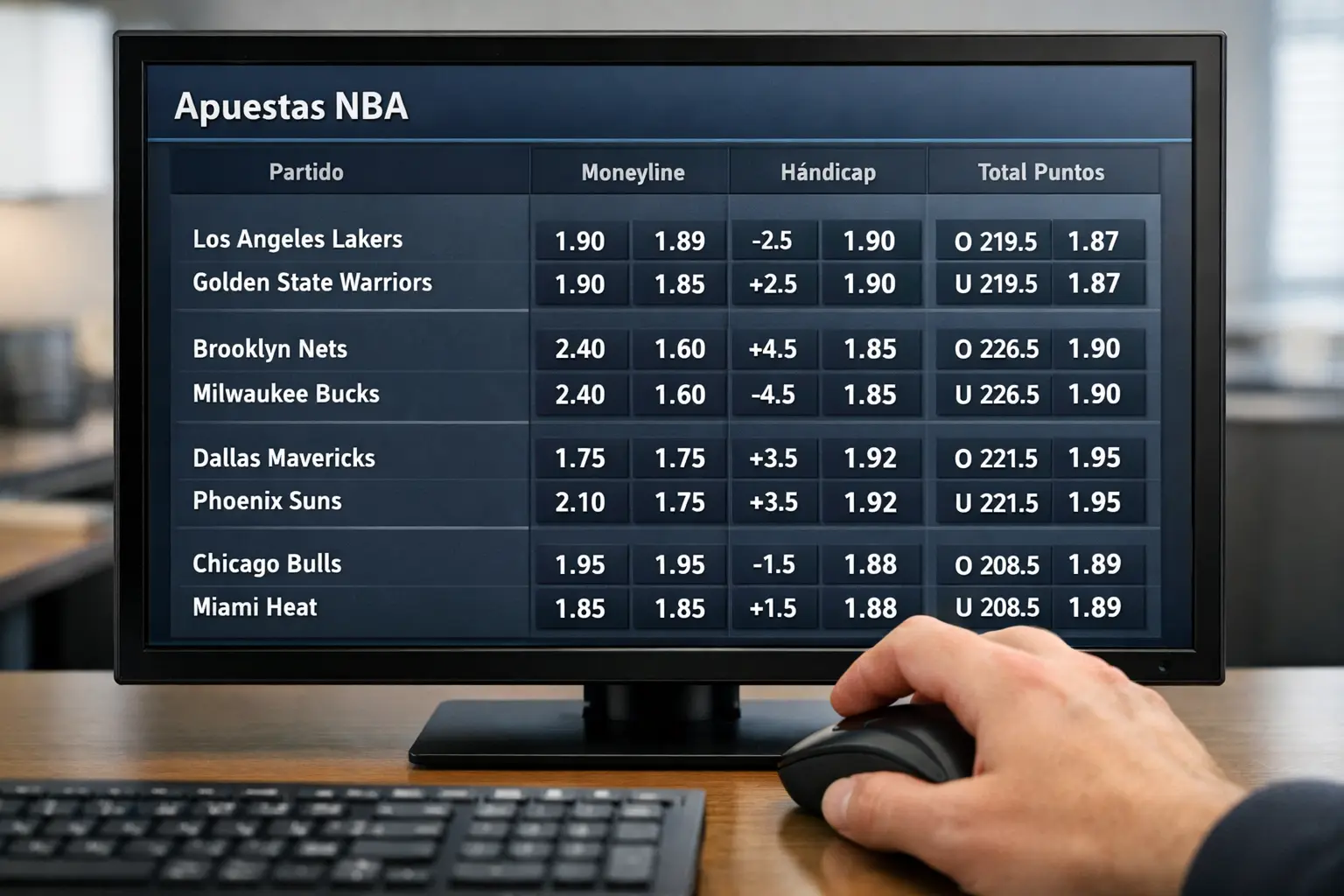 Pantalla mostrando líneas de apuestas de baloncesto con cuotas