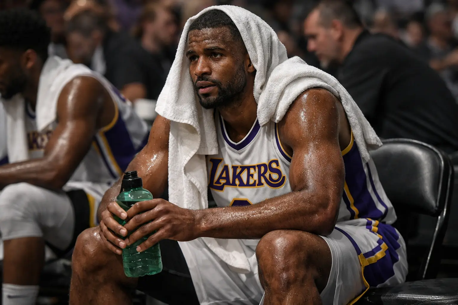 Jugador de baloncesto descansando en el banquillo durante un partido