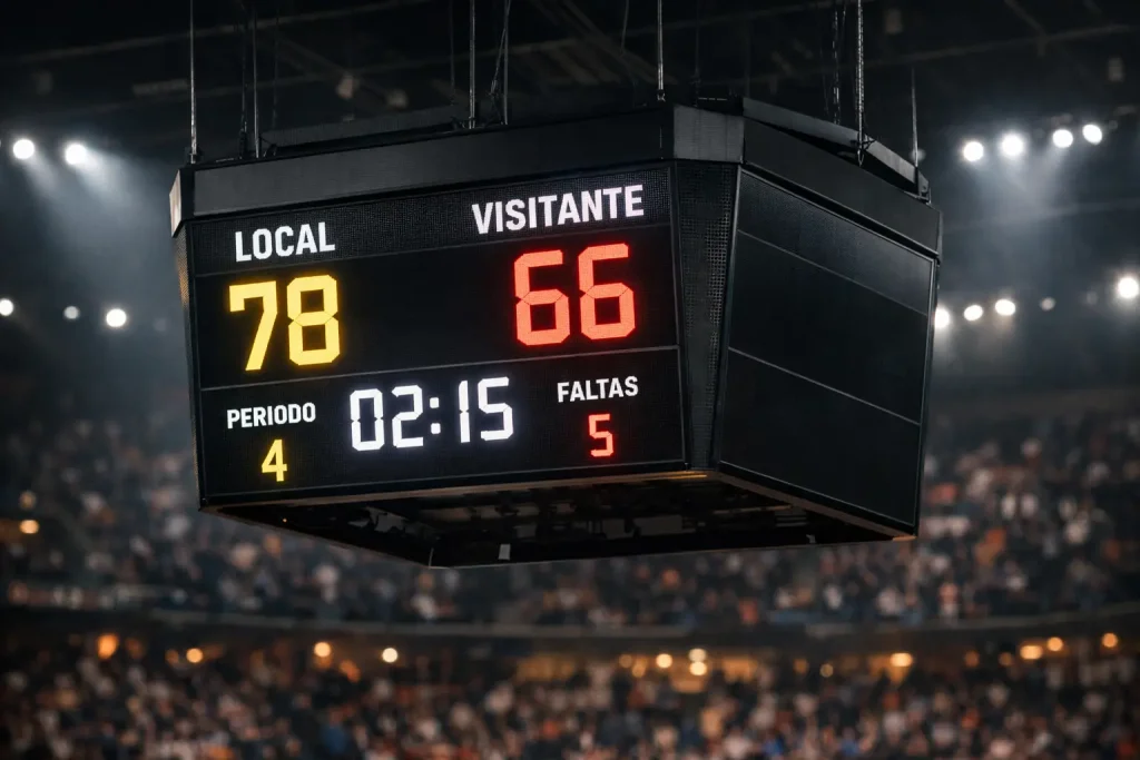 Marcador de baloncesto mostrando diferencia de puntos entre equipos