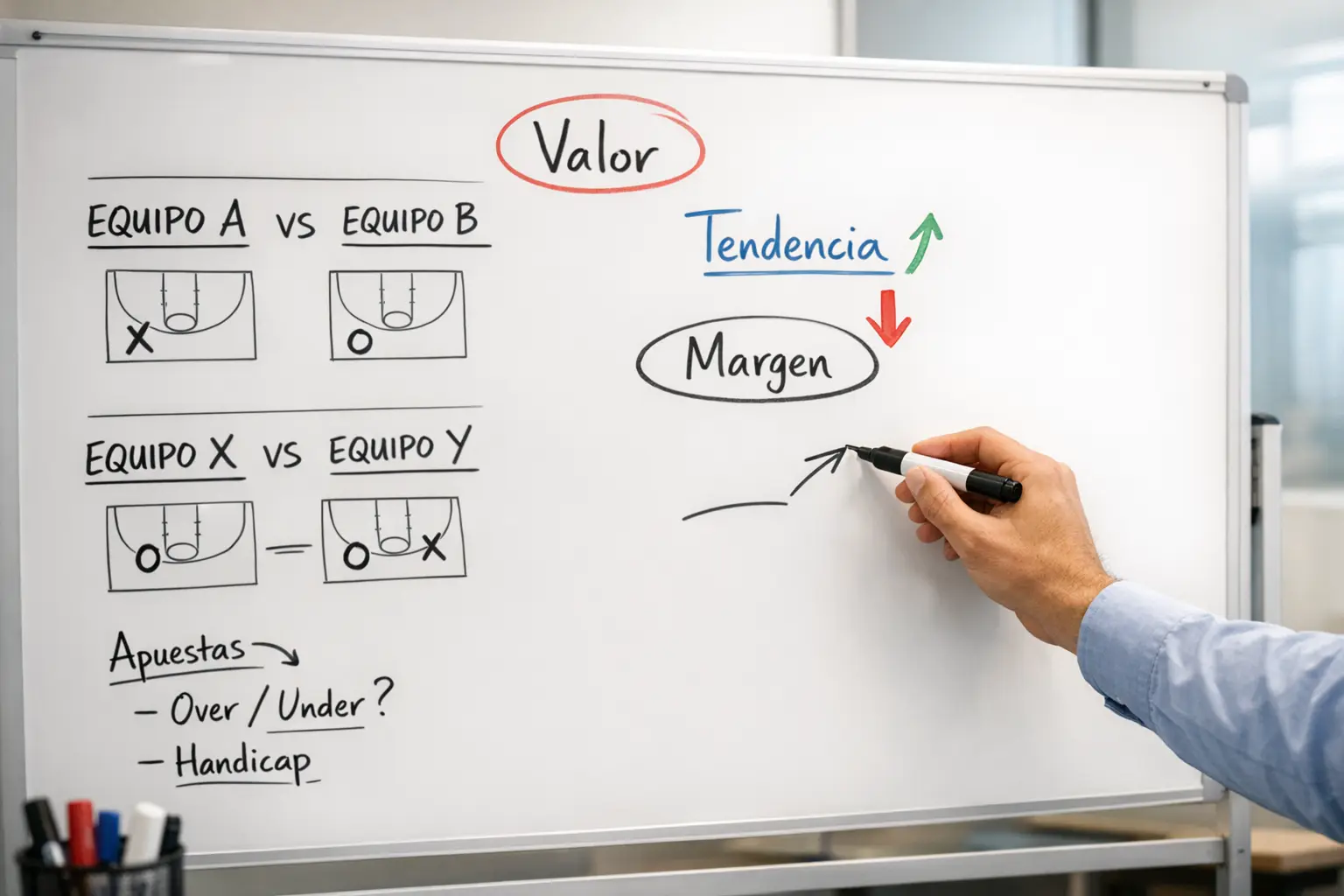 Pizarra con análisis estratégico de apuestas de baloncesto