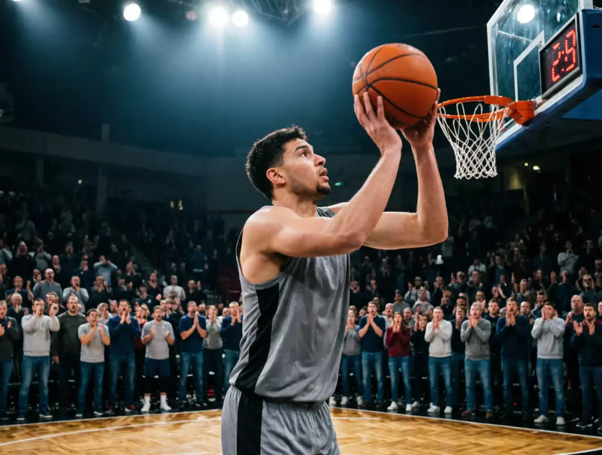Jugador de baloncesto lanzando un tiro decisivo en los últimos segundos con el reloj del marcador visible
