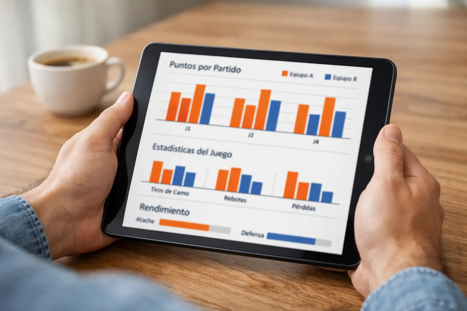 Persona analizando estadísticas de baloncesto en una tablet con gráficos de rendimiento