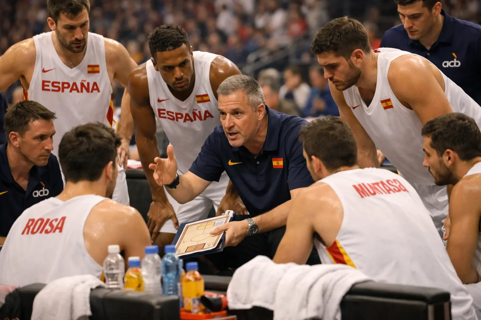 Equipo de baloncesto reunido en tiempo muerto con entrenador