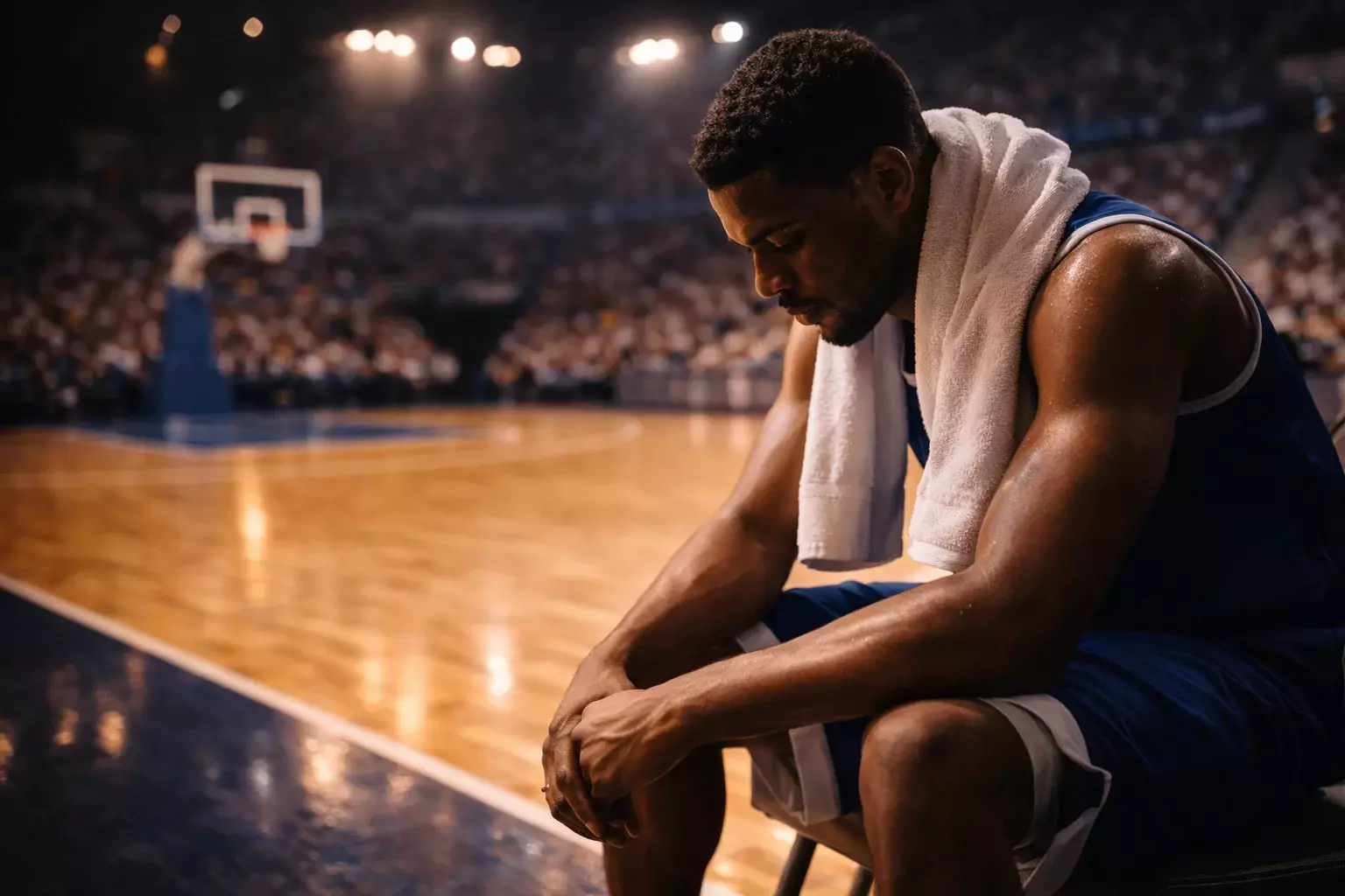Jugador de baloncesto sentado en el banquillo con expresión pensativa durante un tiempo muerto