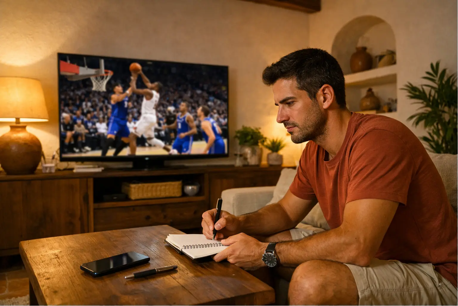 Aficionado viendo partido de baloncesto en televisión mientras toma notas de análisis