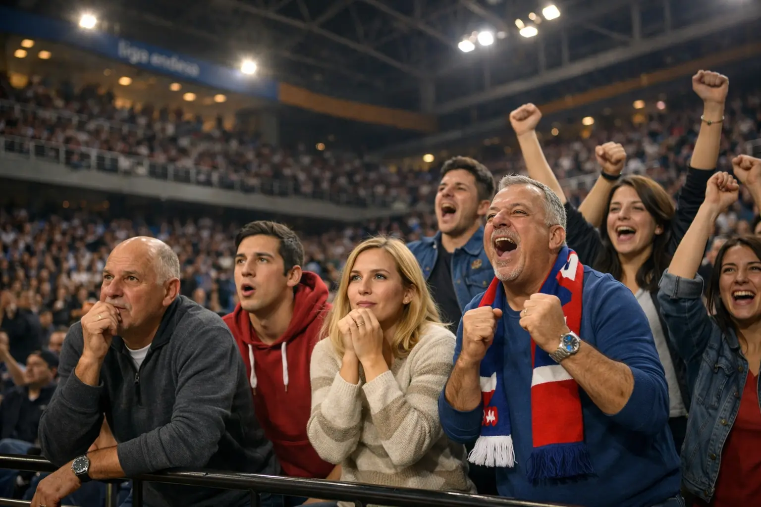 Aficionados de baloncesto siguiendo partido en pabellón deportivo