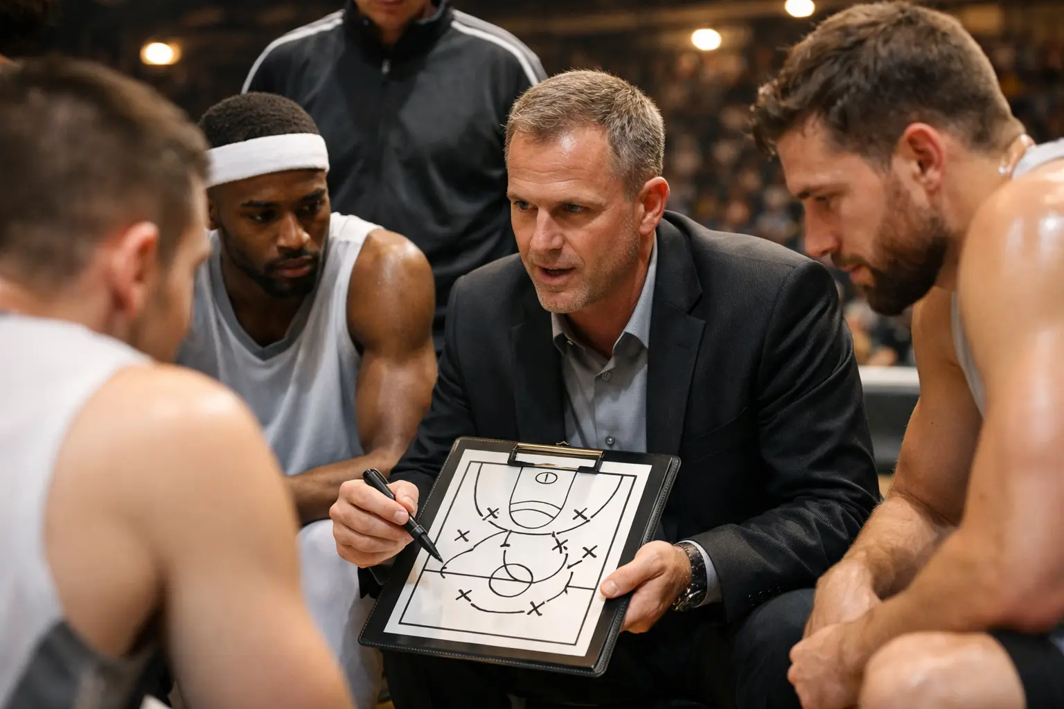 Entrenador de baloncesto dando instrucciones tácticas a sus jugadores