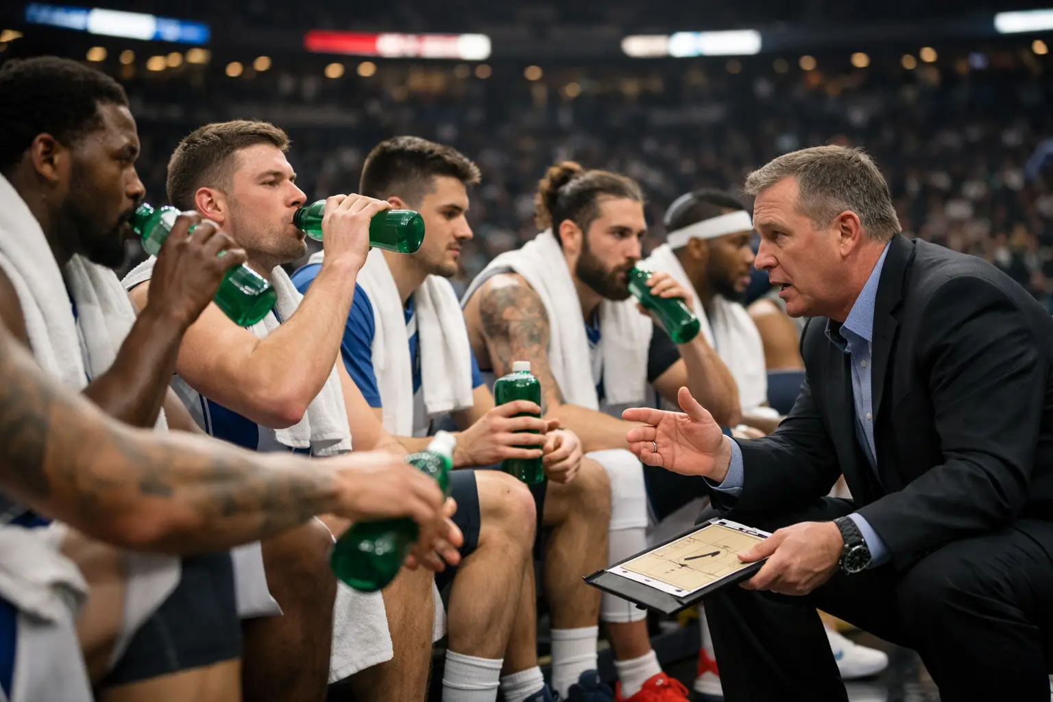 Tiempo muerto en partido de baloncesto con jugadores descansando