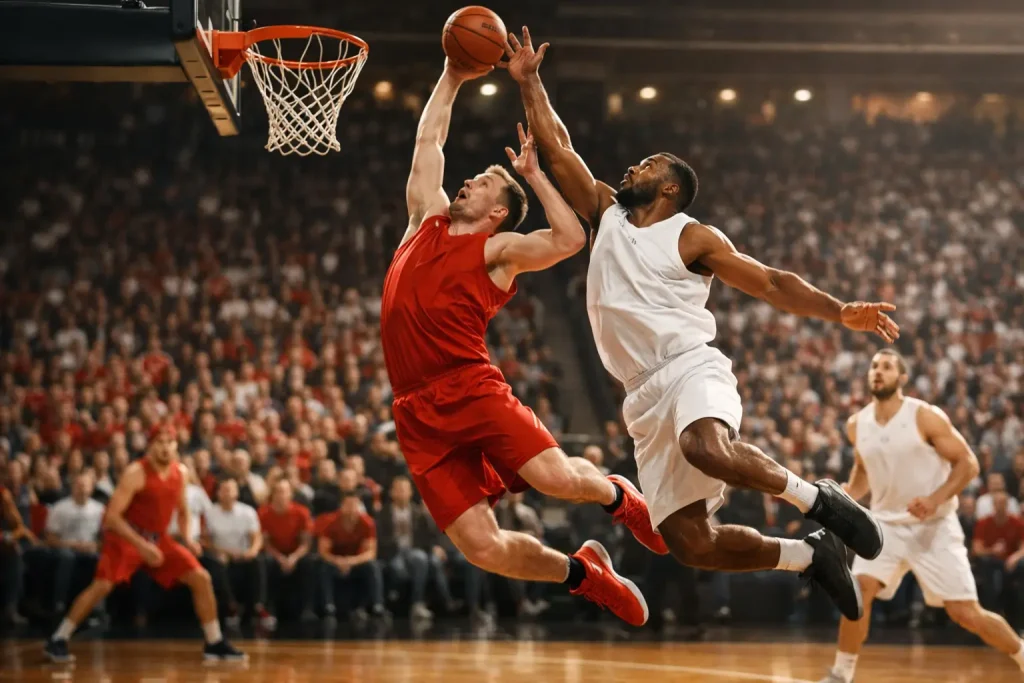 Partido de baloncesto de Euroliga con jugadores disputando el balón