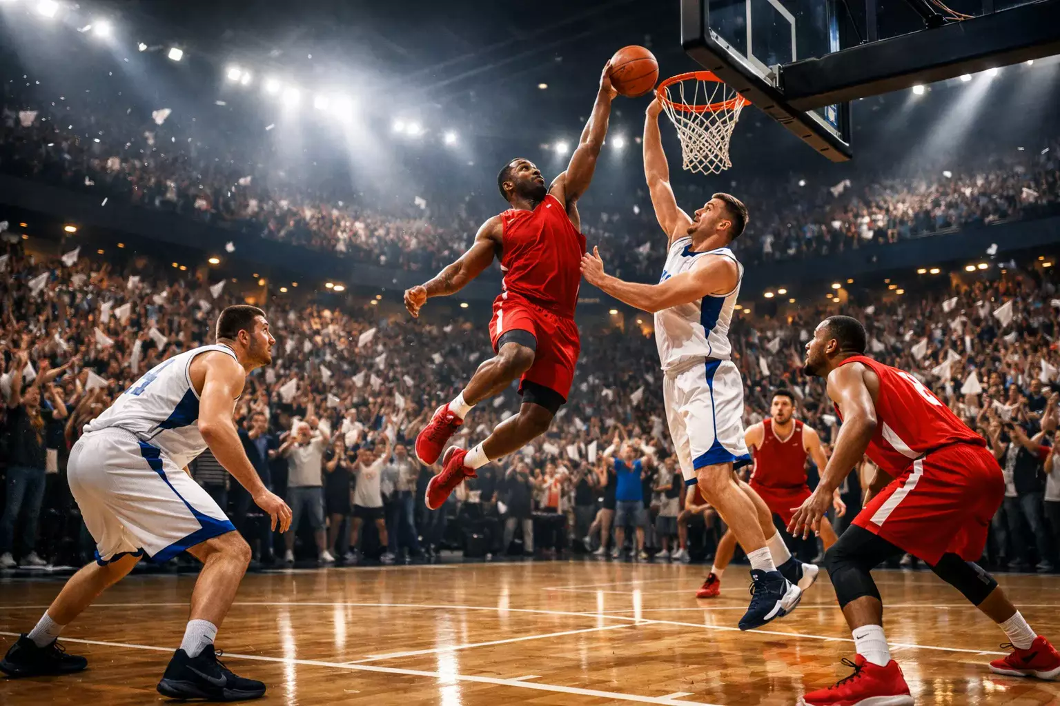 Aficionados de baloncesto animando de pie en las gradas de un pabellón durante un partido como locales