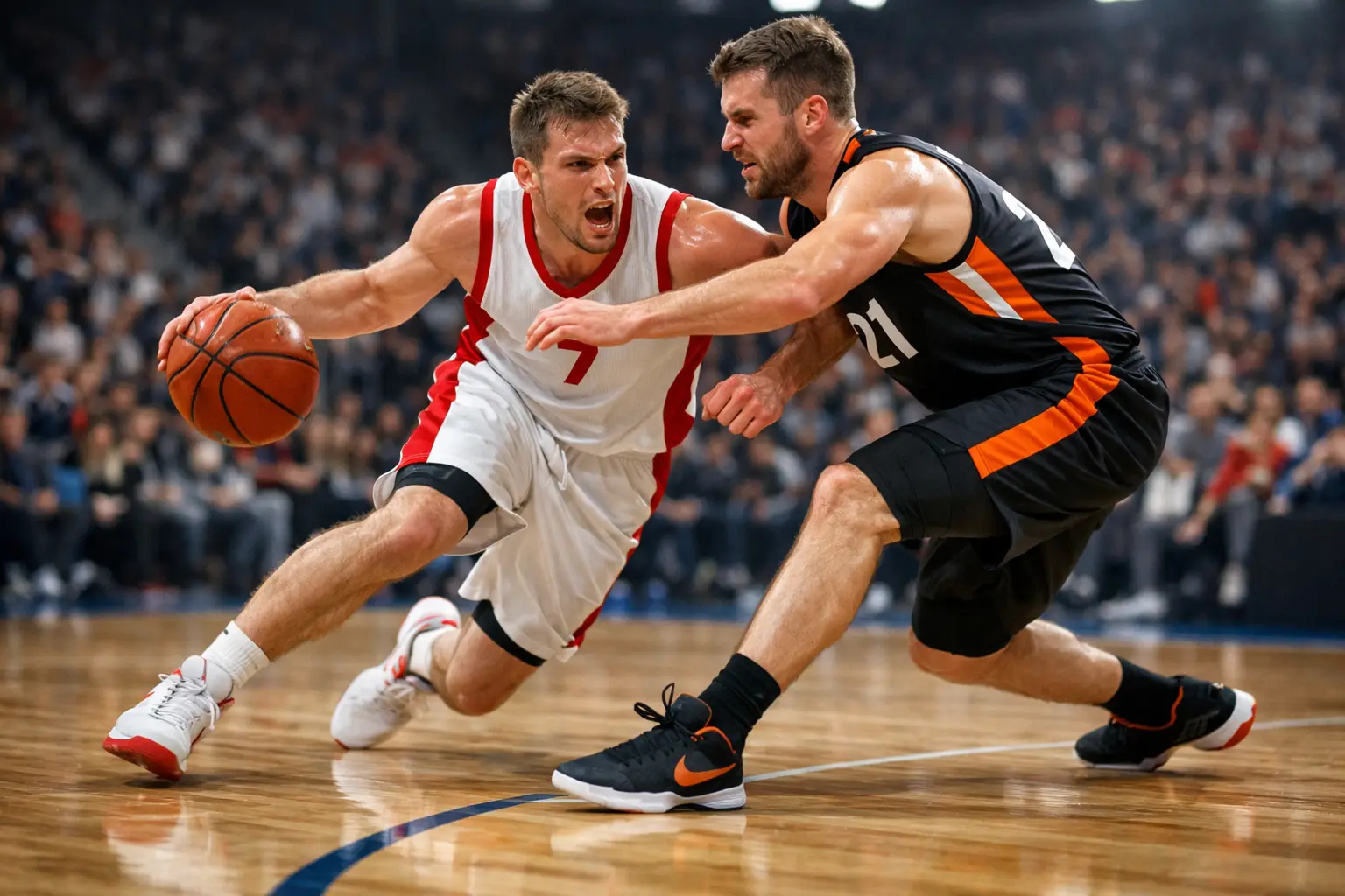 Jugadores de baloncesto profesional en acción durante un partido