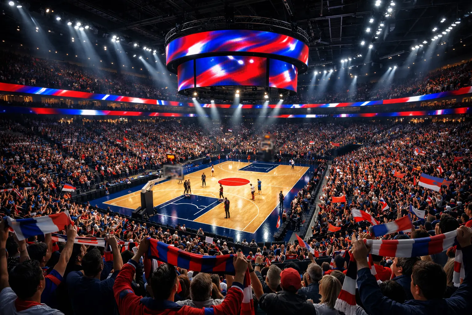 Pabellón de baloncesto europeo lleno de aficionados
