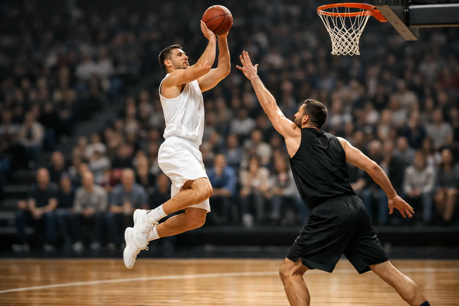 Jugador de baloncesto lanzando a canasta durante partido de liga