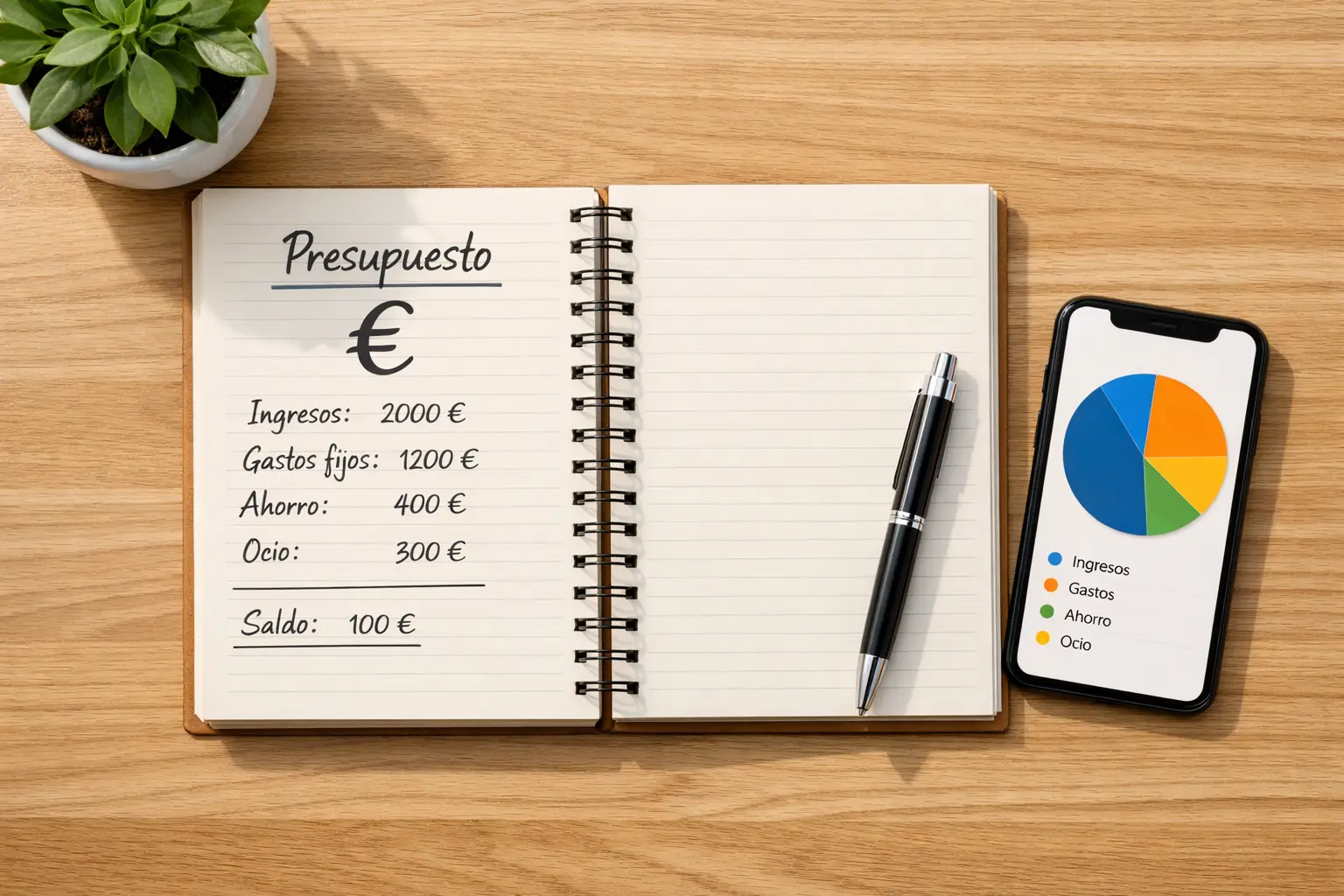 Cuaderno de notas con planificación financiera y símbolos de euro junto a una libreta