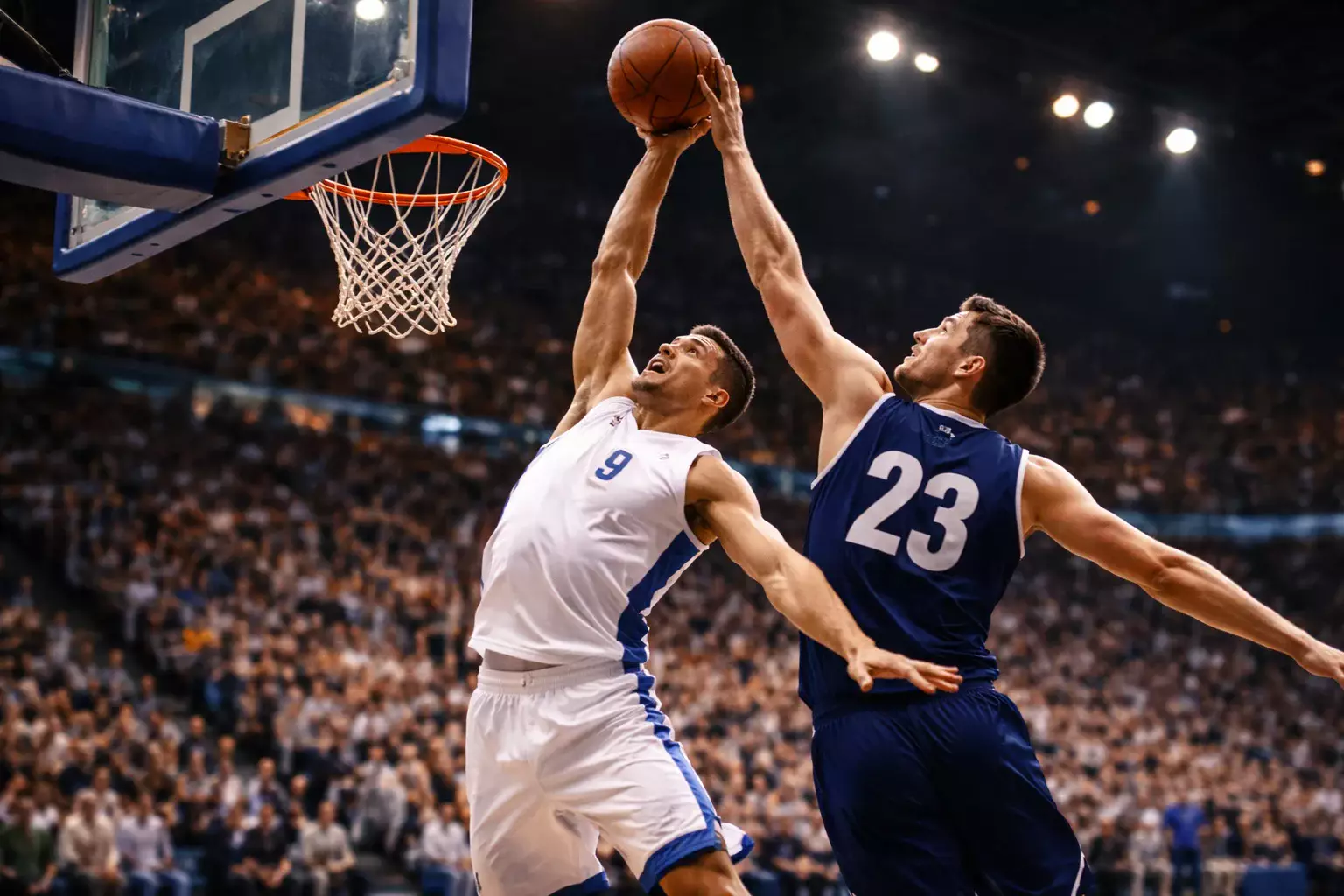Dos equipos de baloncesto disputando un rebote bajo el aro en una cancha profesional