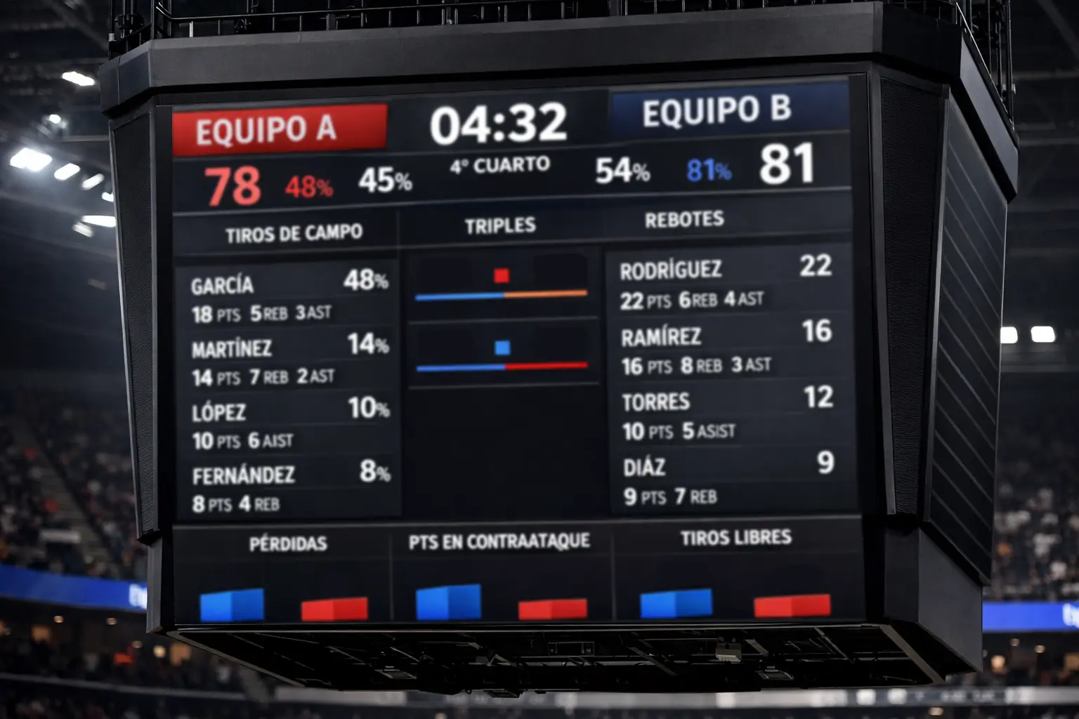 Estadísticas de baloncesto mostradas en pantalla durante partido