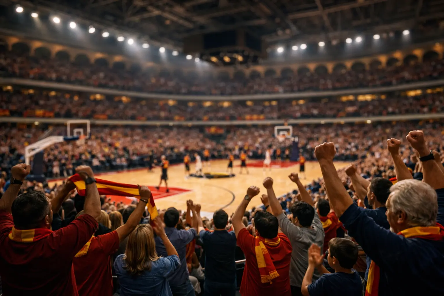 Pabellón de baloncesto español con afición animando al equipo local