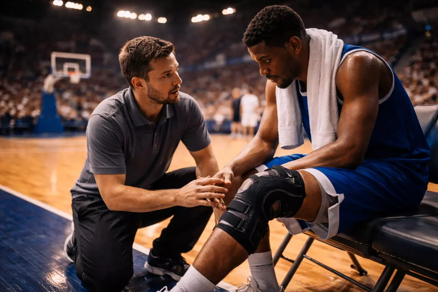 Jugador de baloncesto en el banquillo con una rodillera hablando con el equipo médico