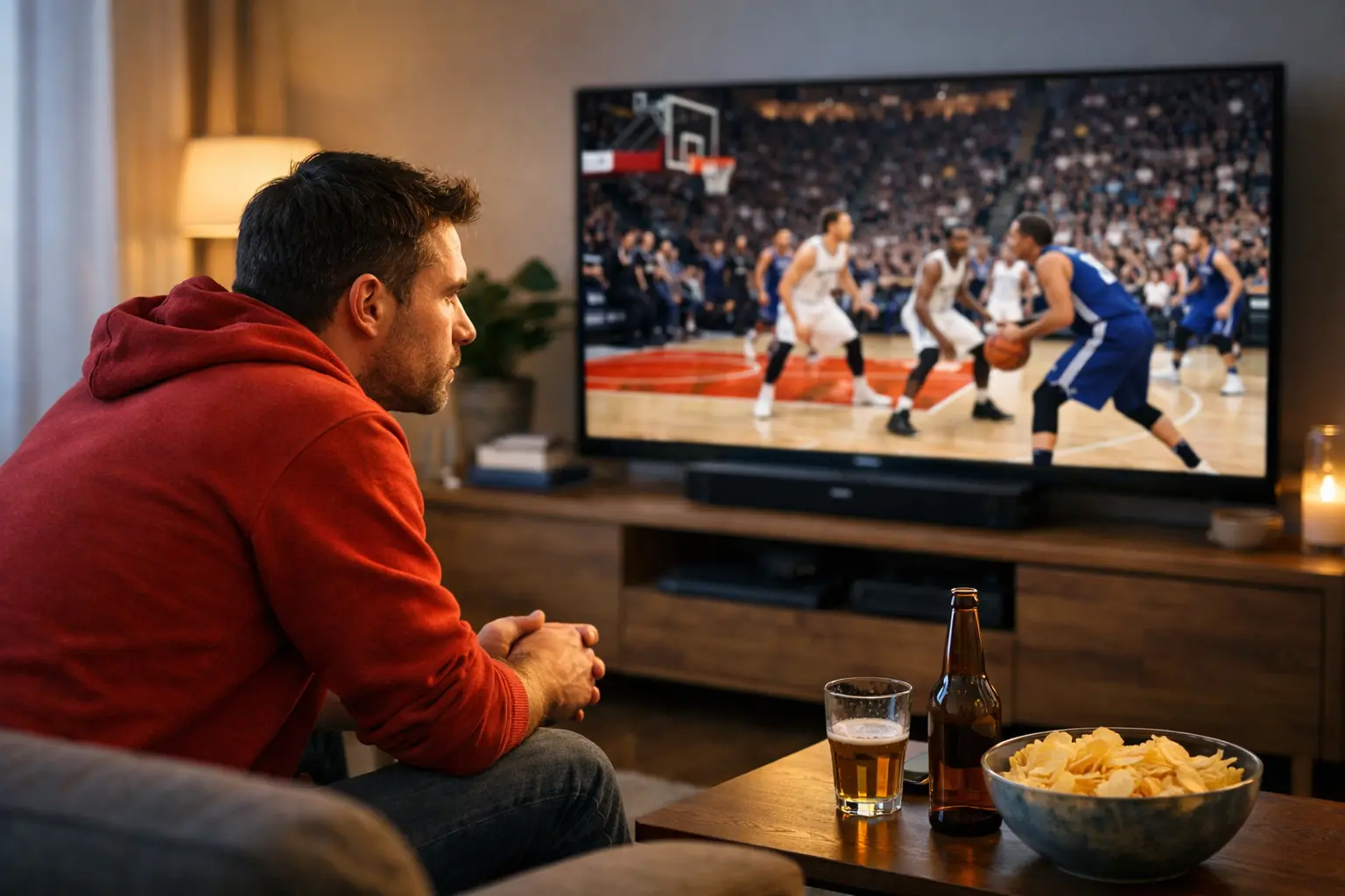 Aficionado siguiendo partido de baloncesto en pantalla con atención
