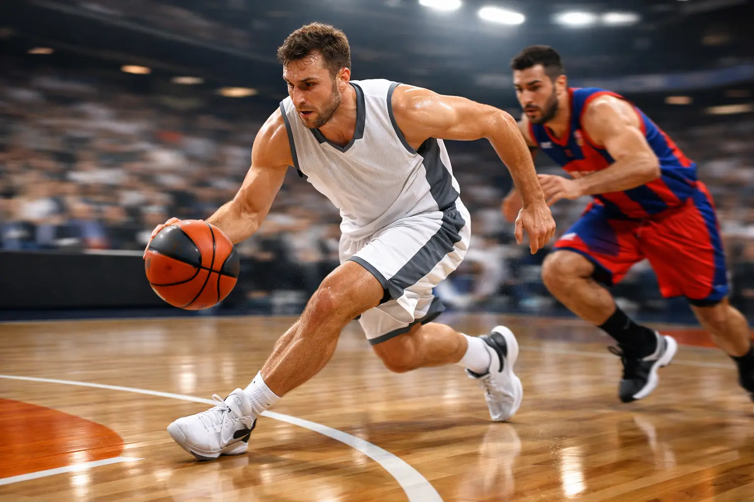 Jugador de baloncesto profesional driblando en contraataque