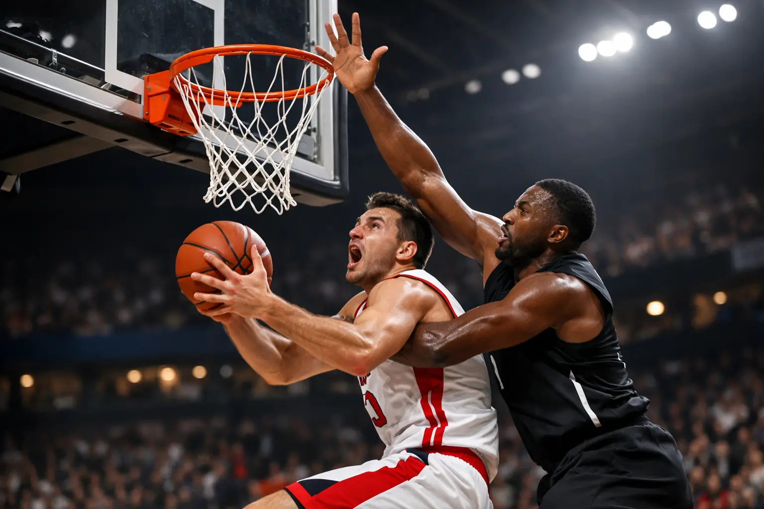 Jugadores de baloncesto en jugada decisiva cerca del aro