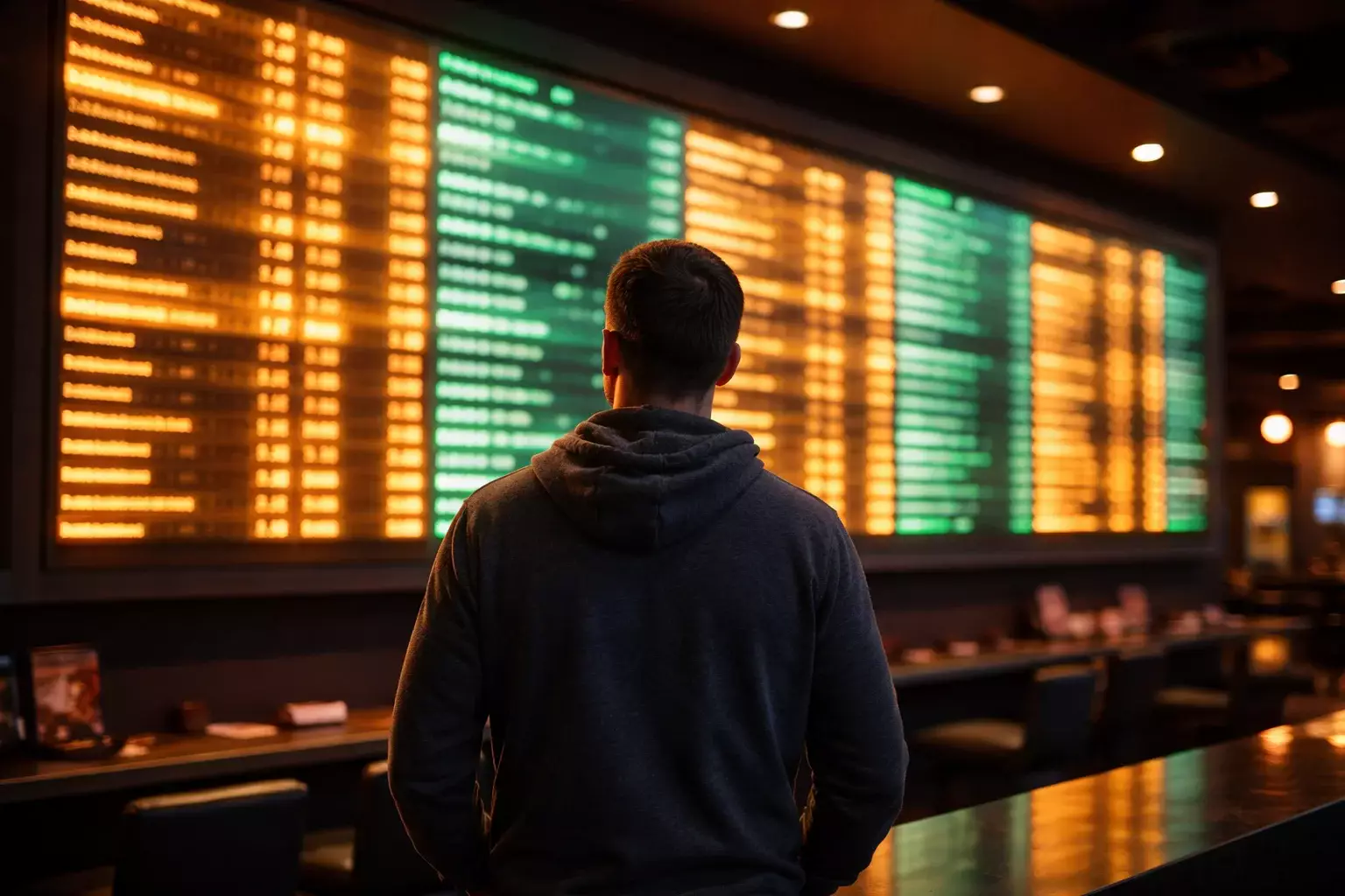 Persona observando atentamente un panel luminoso con líneas de apuestas de baloncesto en un local deportivo