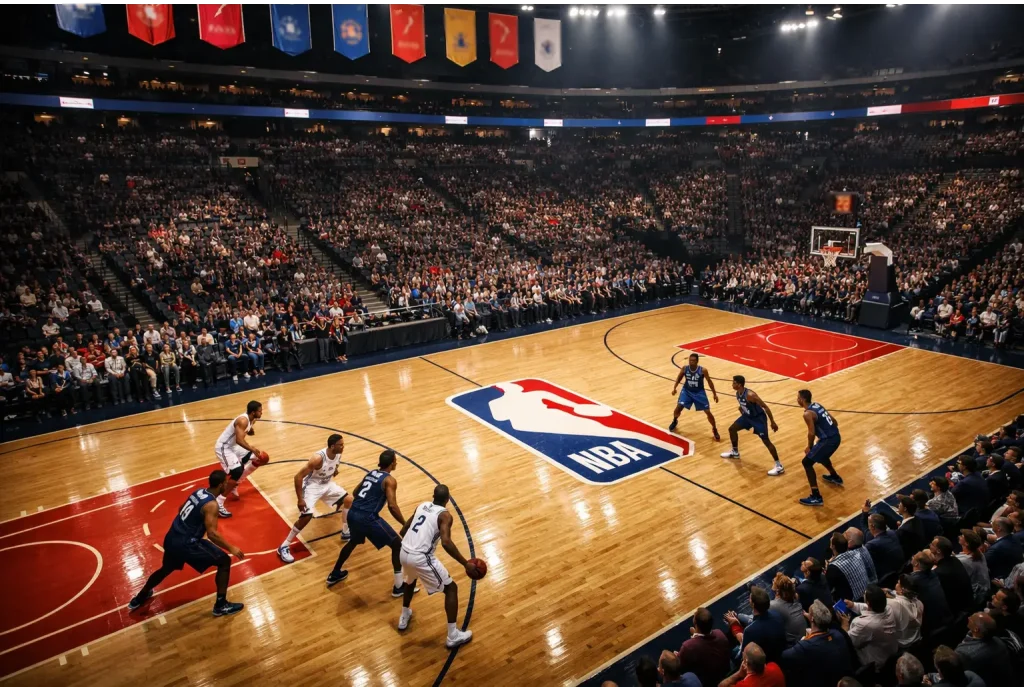 Partido de baloncesto NBA en un estadio lleno de aficionados