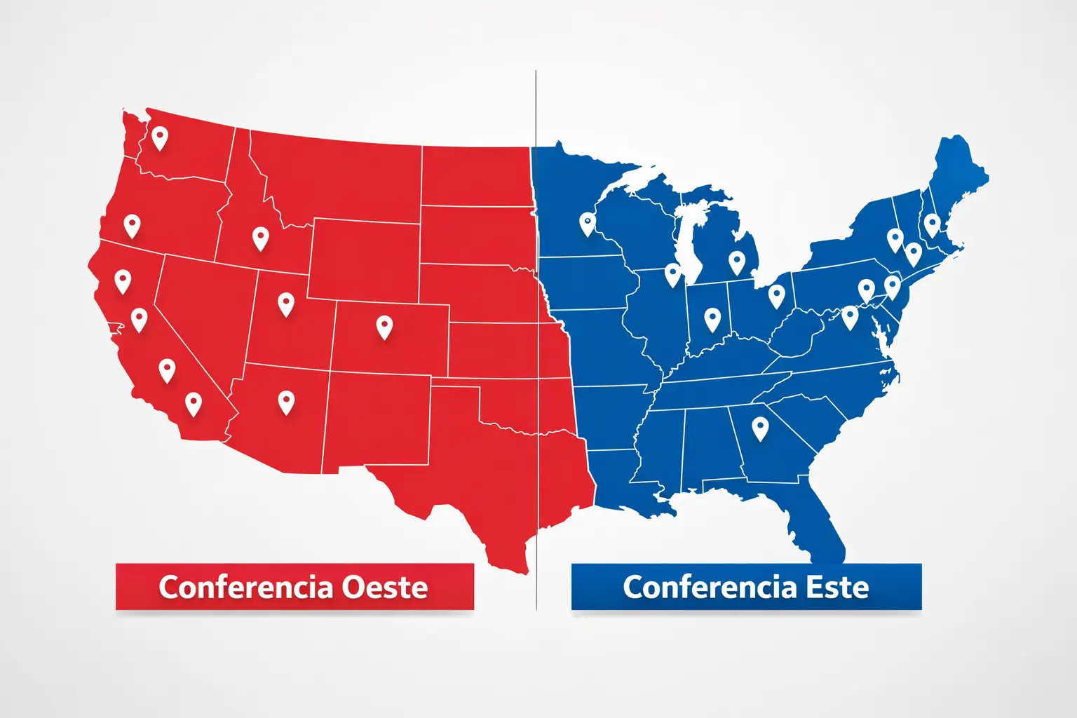Mapa de equipos de la NBA divididos por conferencias Este y Oeste