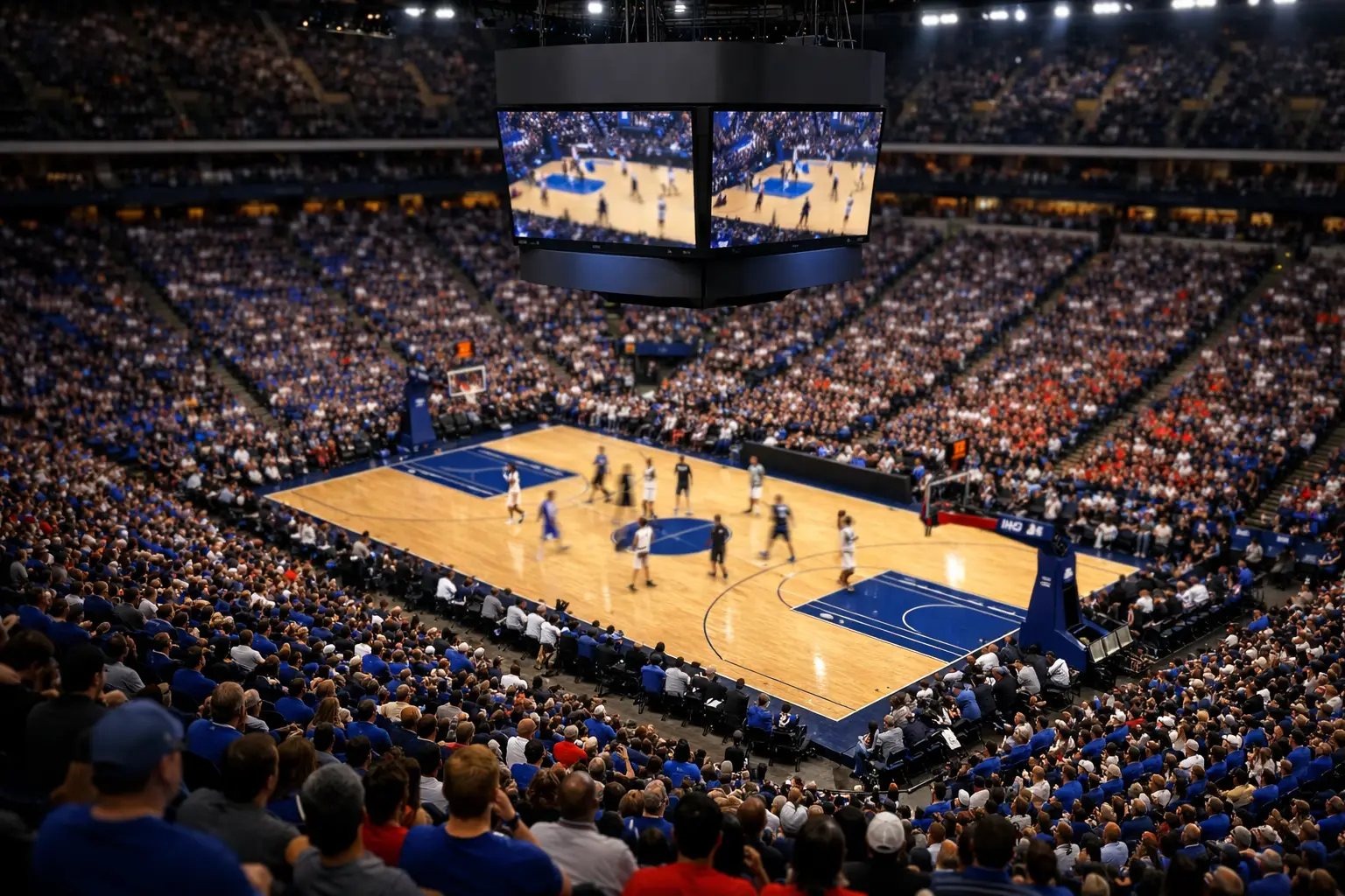 Vista panorámica de un estadio de NBA lleno de aficionados durante un partido nocturno